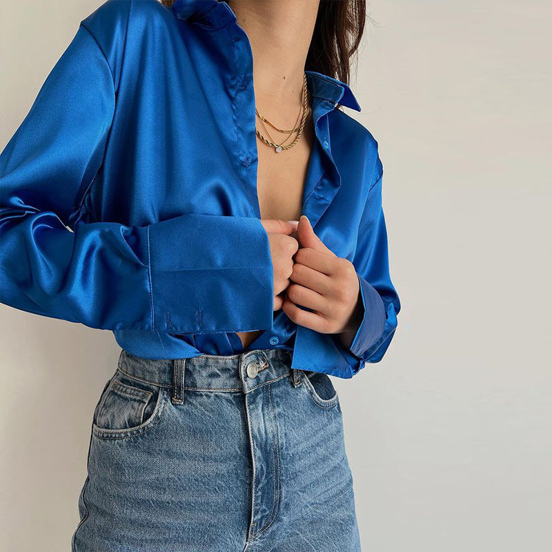 Women’s Vintage Polo Collar Shirt Top – Loose Button-Up Office Blouse in Blue, Green & Black for Autumn Fashion