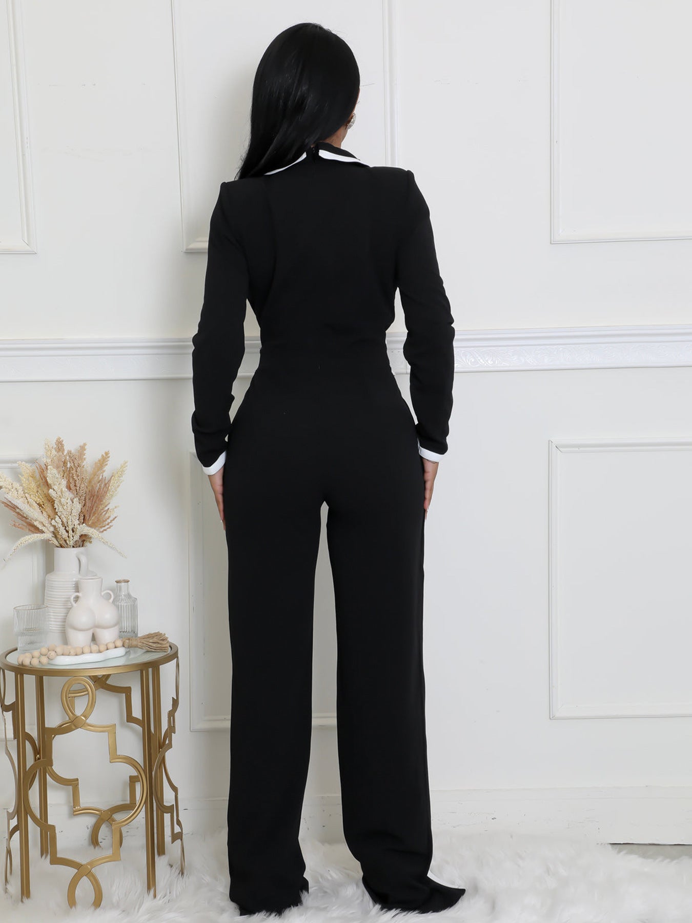 Women’s Contrast Patchwork V-Neck Belted Wide Leg Jumpsuit | Elegant Slim One-Piece Outfit