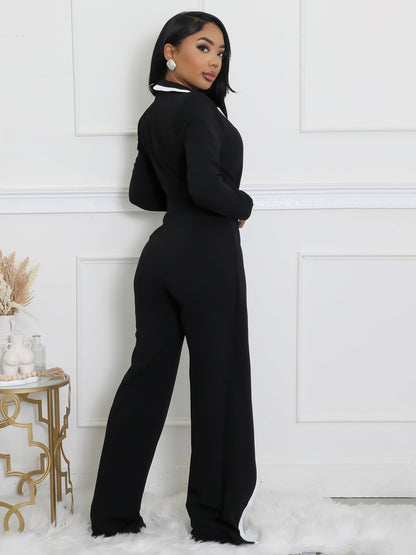Women’s Contrast Patchwork V-Neck Belted Wide Leg Jumpsuit | Elegant Slim One-Piece Outfit