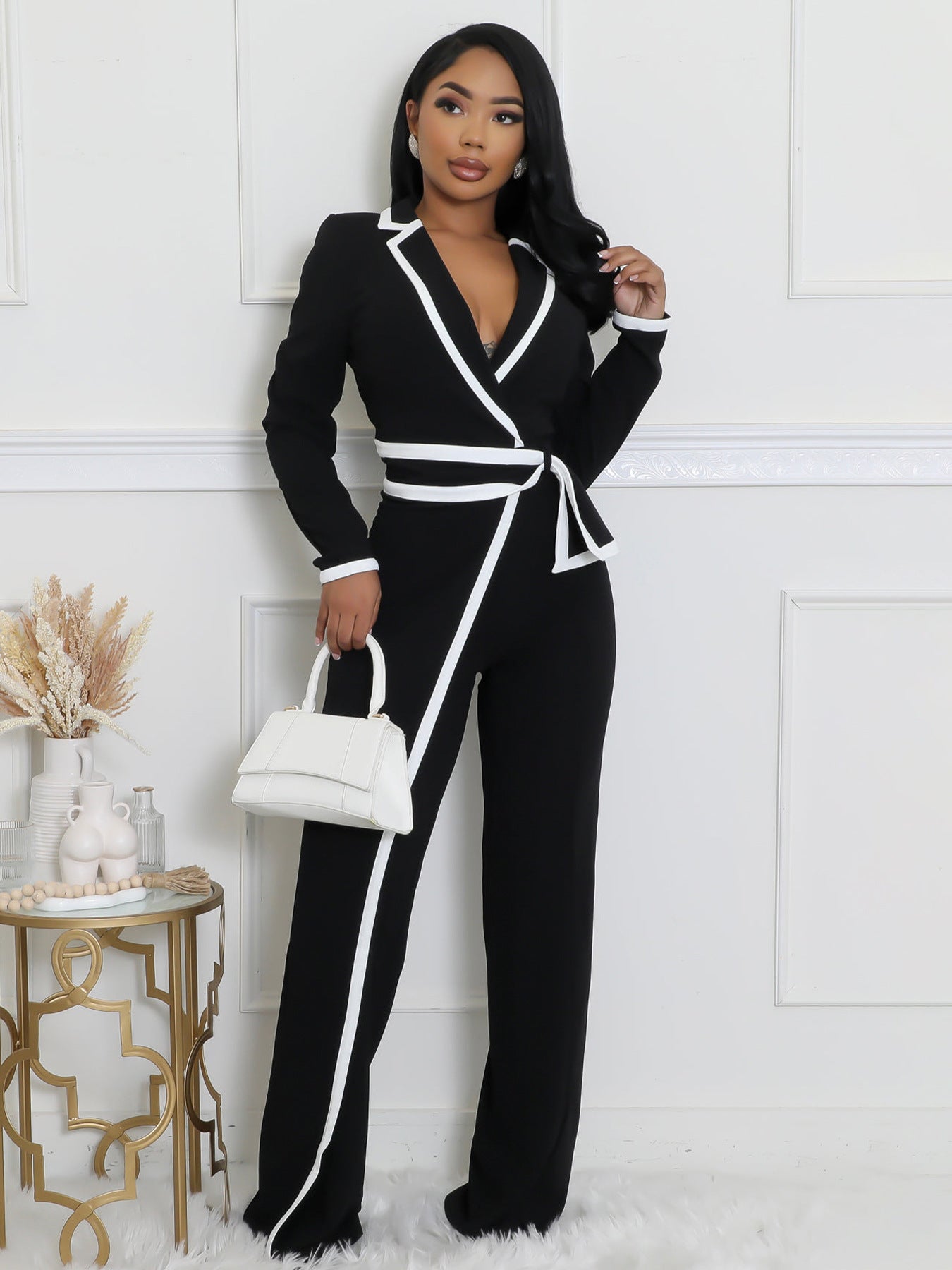 Women’s Contrast Patchwork V-Neck Belted Wide Leg Jumpsuit | Elegant Slim One-Piece Outfit