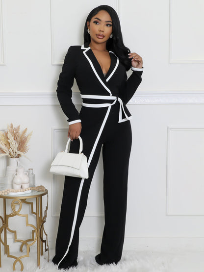 Women’s Contrast Patchwork V-Neck Belted Wide Leg Jumpsuit | Elegant Slim One-Piece Outfit