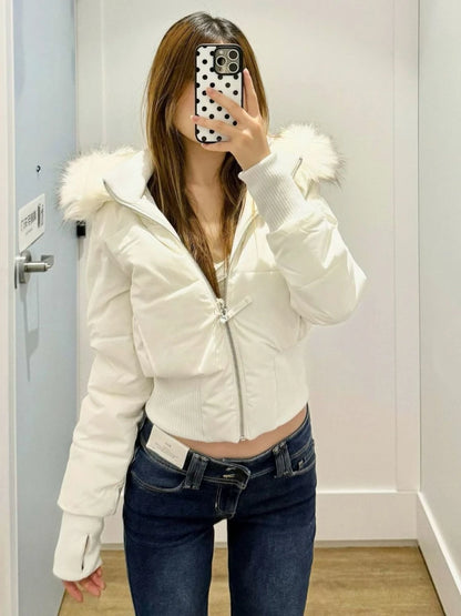 Women’s Padded Puffer Outerwear – Short Vintage Fur Collar Jacket