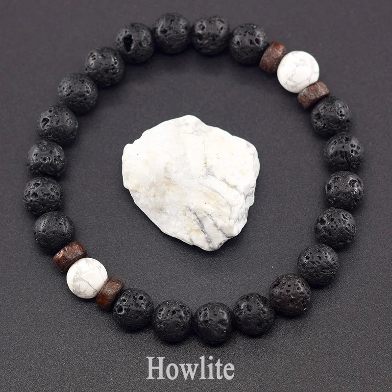 Men’s Tiger Eye & Lava Stone Bead Bracelet – Tibetan Buddha Elastic Wristband Jewelry