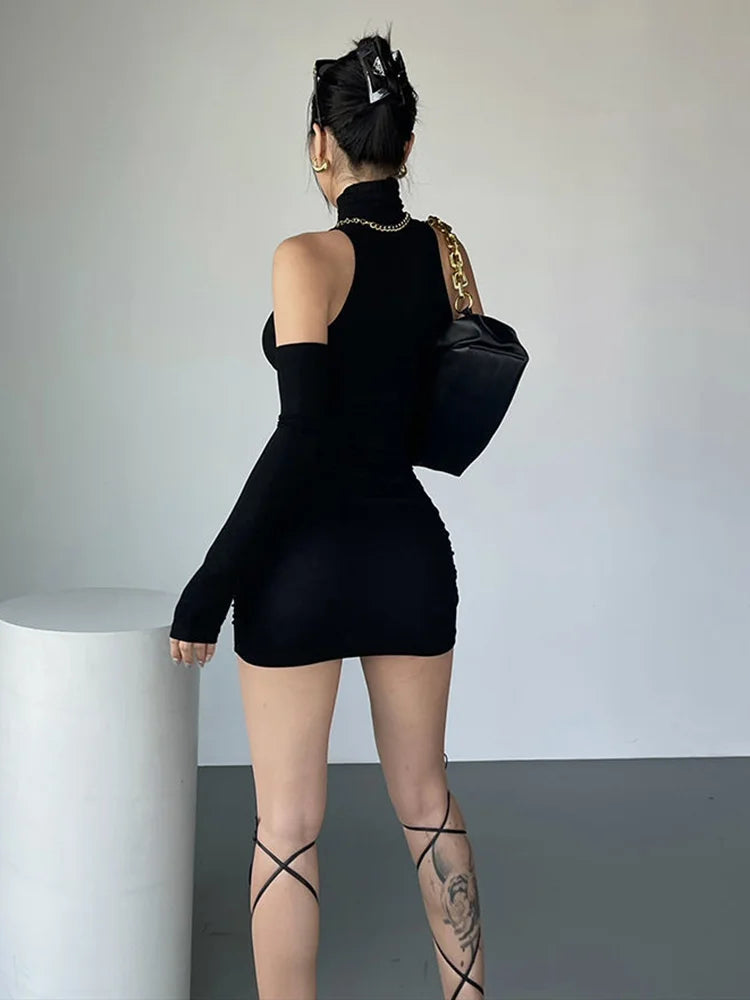 Women’s Shiny Pleated Mini Dress – High Neck Elastic Party Dress