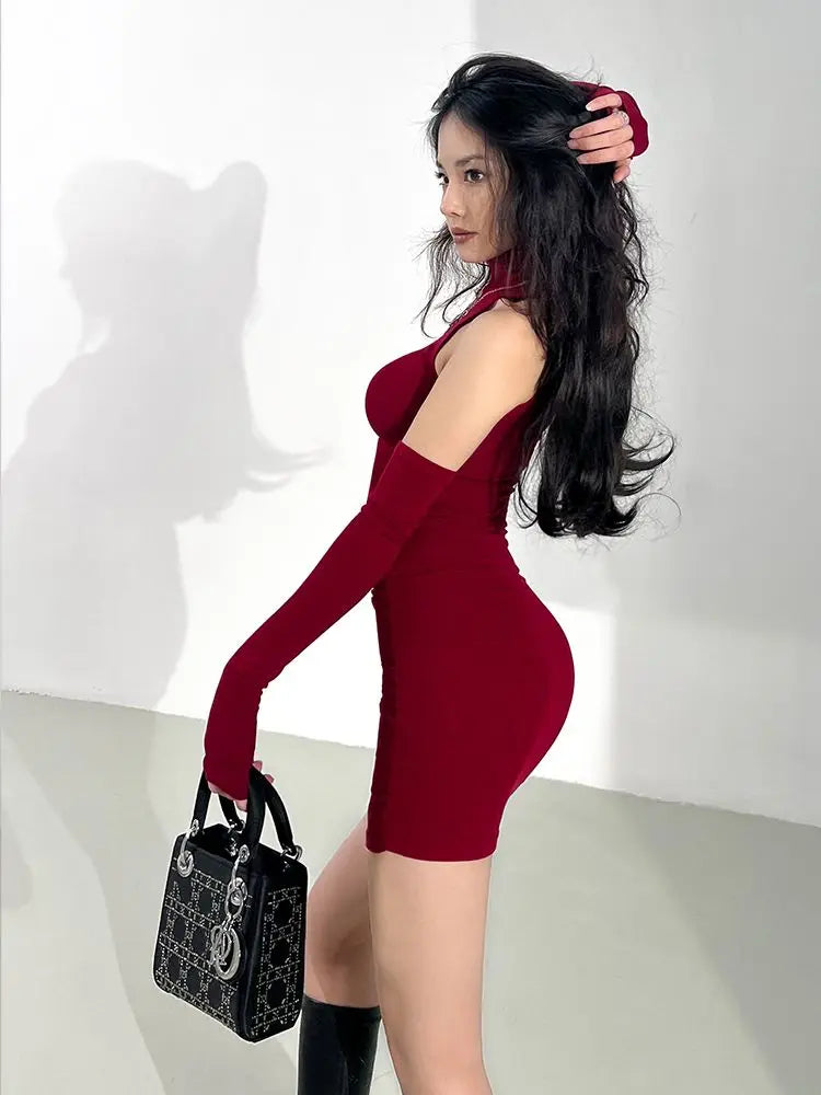 Women’s Shiny Pleated Mini Dress – High Neck Elastic Party Dress