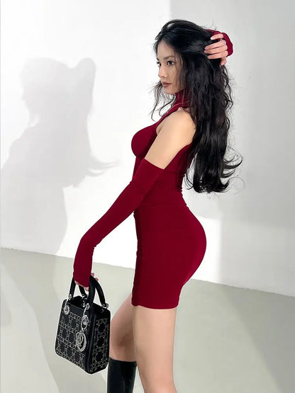 Women’s Shiny Pleated Mini Dress – High Neck Elastic Party Dress
