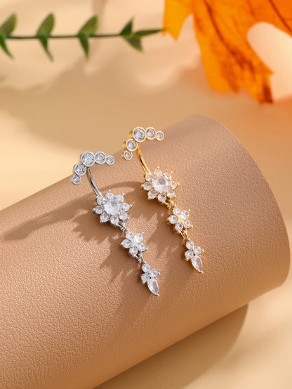 Women’s Gold Stainless Steel Belly Button – Long Dangle Flower CZ Crystal Navel Piercing Jewelry