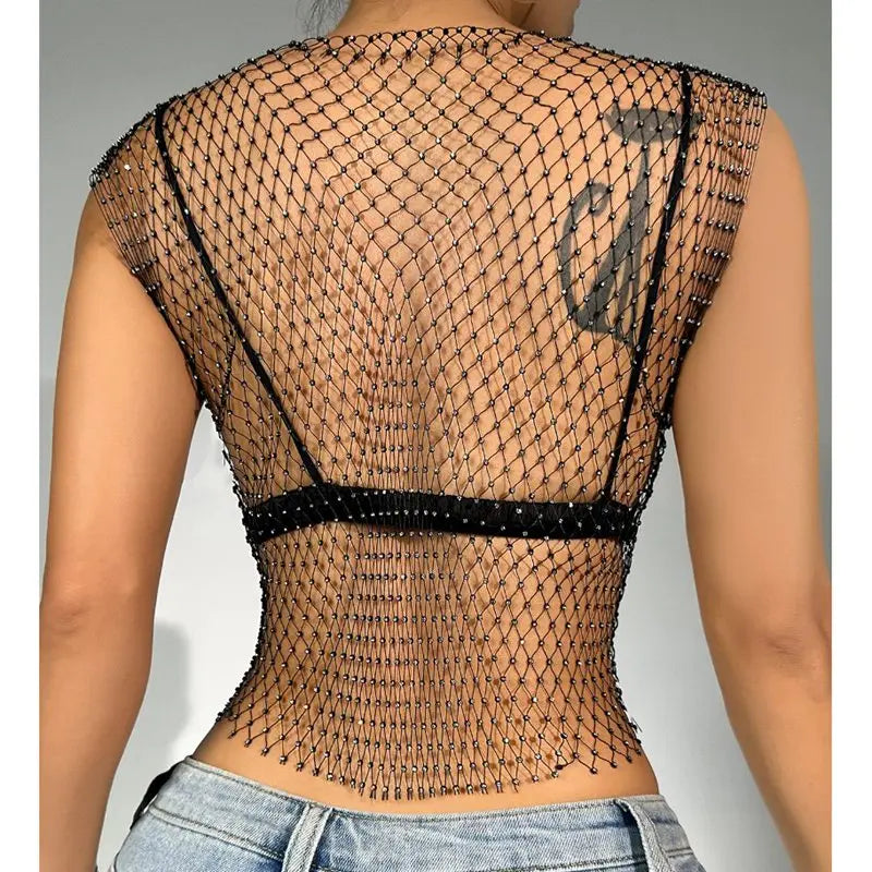 Women’s Sexy Shiny Fishnet Tank Top | Y2K See Through Crop Top | Summer Beach Party Top