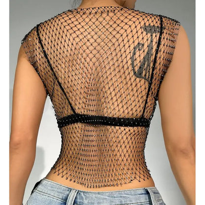 Women’s Sexy Shiny Fishnet Tank Top | Y2K See Through Crop Top | Summer Beach Party Top