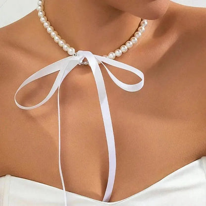 Women’s Jewelry Pearl Velvet Bow Choker Necklace | Elegant | Lace Up | Party
