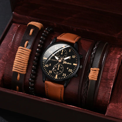 Men’s Luxury Watch Jewelry Set – Leather Strap Fashion Wristwatches Gift Pack with bracelet