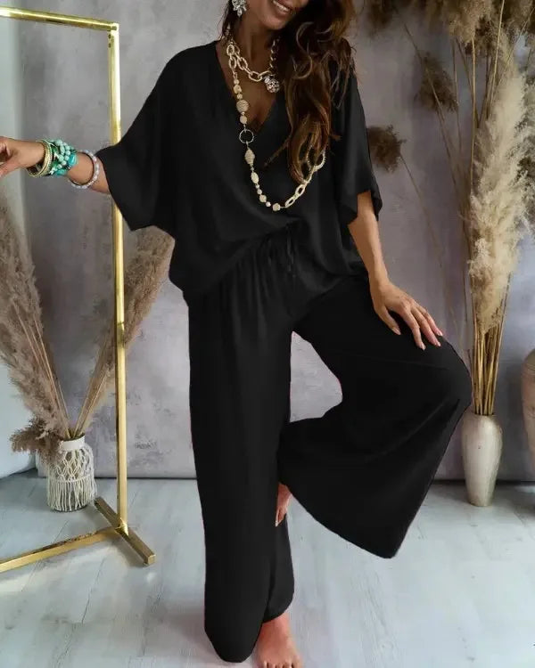 Women’s White V-Neck Bat Sleeve Set Casual Loose Lace Up Wide-Leg Pants Elegant Outfit