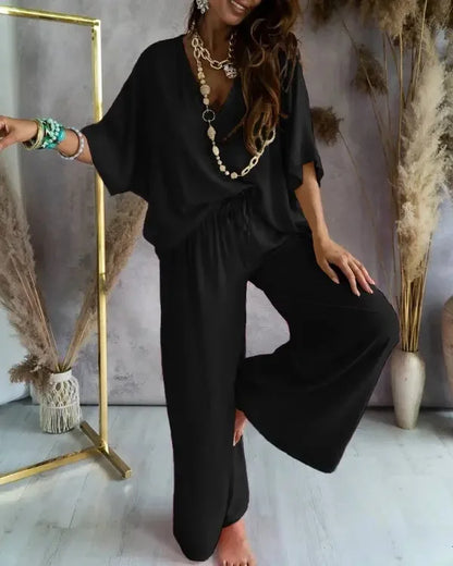 Women’s White V-Neck Bat Sleeve Set Casual Loose Lace Up Wide-Leg Pants Elegant Outfit