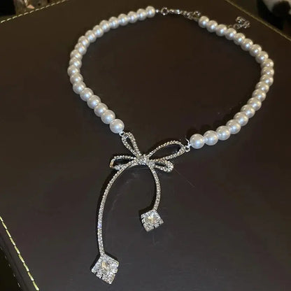 Women’s Jewelry Pearl Rhinestone Bow Necklace | Light Luxury | Niche | Party