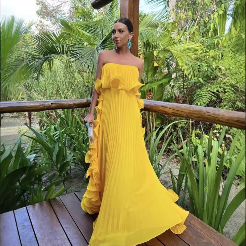 Women’s Strapless Pleated Dress – Elegant Ruffled Maxi Dress for Summer & Formal Events