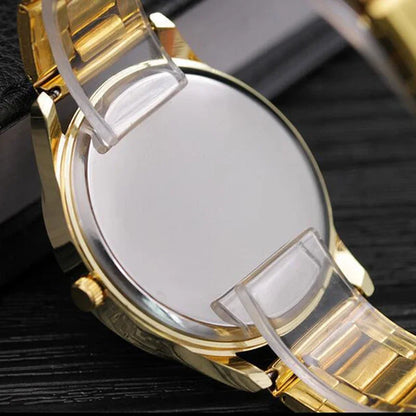 Men’s Light Luxury Watch – Gold Stainless Steel Wristwatch with 3-Eye Dial