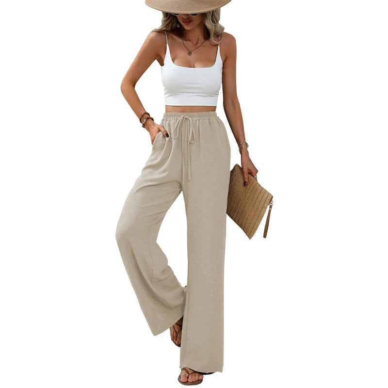 Women’s High-Waist Wide-Leg Pants – Elastic Waist Straight Trousers with Tie Front & Pockets