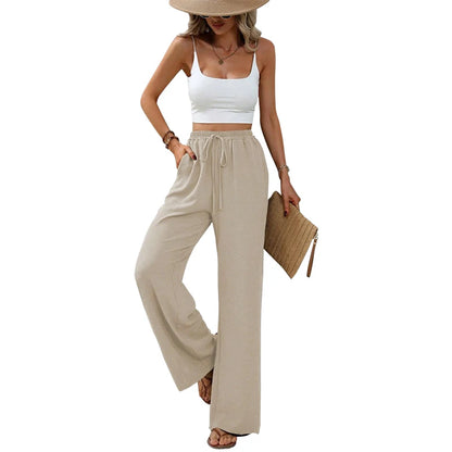 Women’s High-Waist Wide-Leg Pants – Elastic Waist Straight Trousers with Tie Front & Pockets