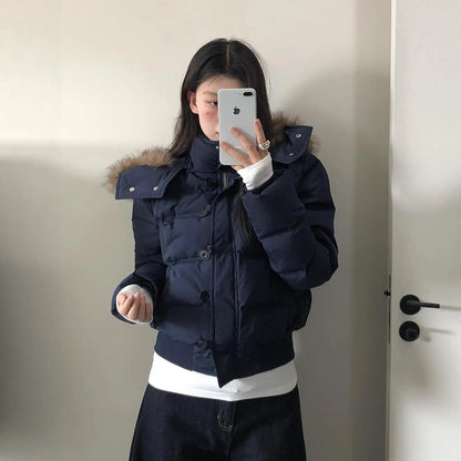 Women’s Short Hooded Outerwear – Warm Fur Collar Puffer Jacket