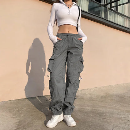 Women’s Cargo Street Pants Bottom – American Hip-Hop Style Multi-Pocket Workwear with Drawstring Elastic Waist and Loose Fit