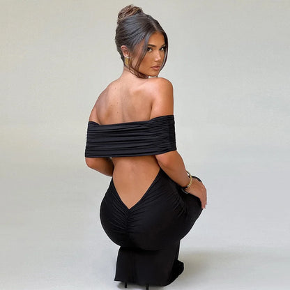 Women’s Off-Shoulder Backless Dress – Elegant Pleated High Slit Evening Party Dress