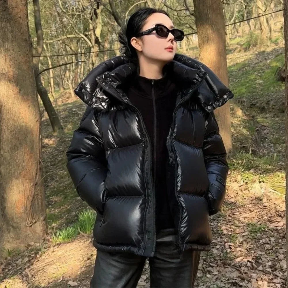 Women’s Glossy Puffer Jacket Outerwear – Short Hooded Down