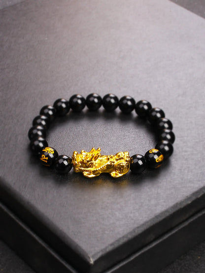 Men’s Black Obsidian Bead Bracelet – Spiritual Protection & Wealth Energy Healing Jewelry