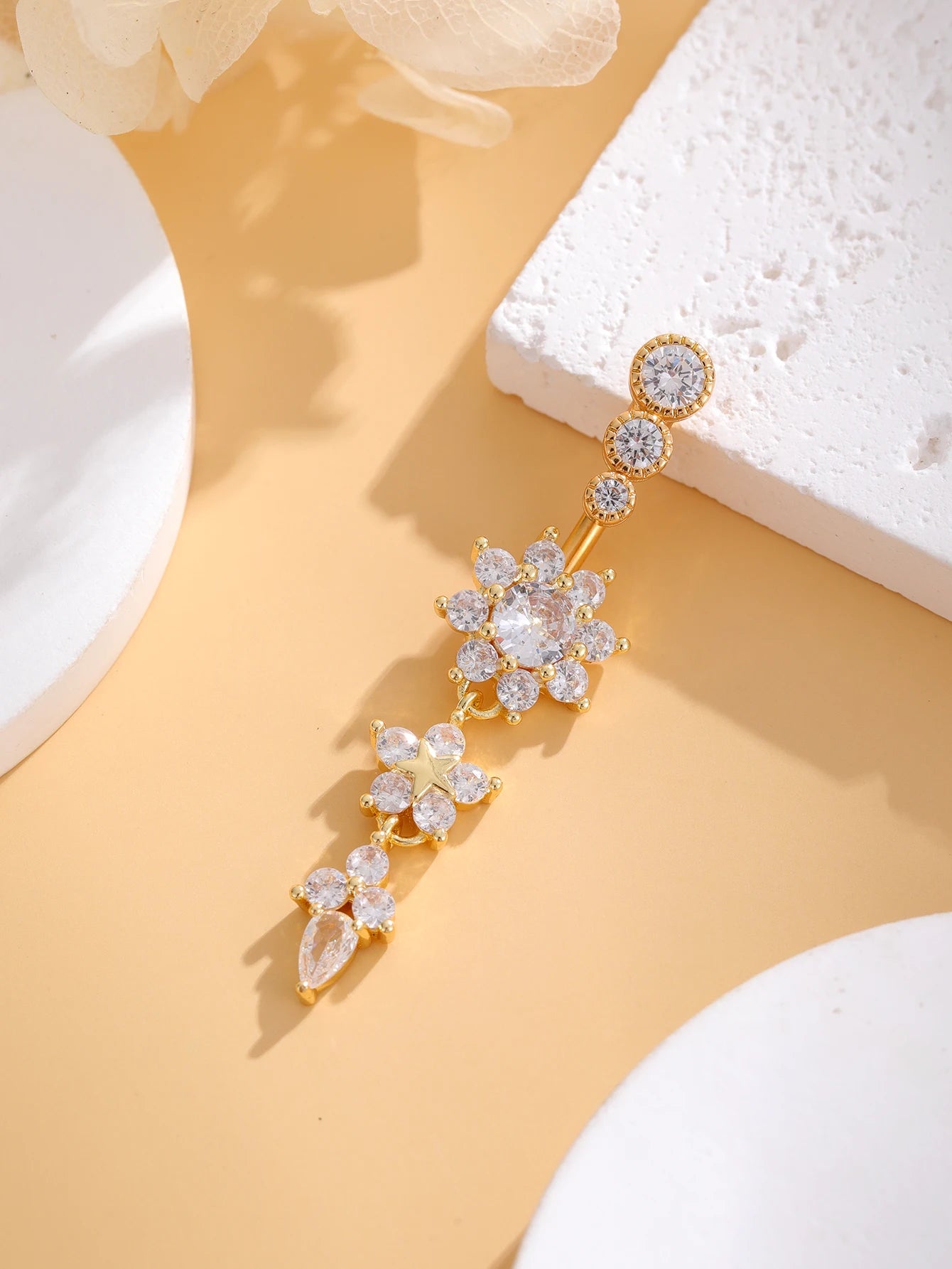 Women’s Gold Stainless Steel Belly Button – Long Dangle Flower CZ Crystal Navel Piercing Jewelry