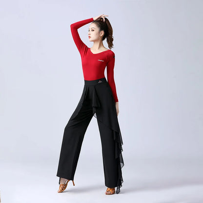 Women’s High-Waist Ruffle Dance Pants – Latin, Tango & Samba Performance Wide-Leg Trousers
