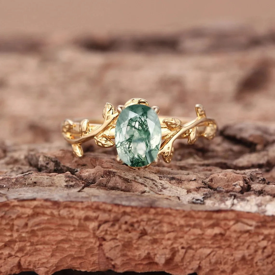 Women’s 925 Sterling Silver Moss Agate Oval Ring – Leaf Branch Cocktail Ring, Elegant Jewelry