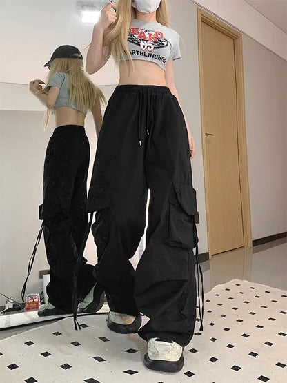 Women’s Vintage Cargo Sweatpants Bottom – Elastic Waist Oversized Wide Leg Baggy Trousers, Retro Streetwear Fashion