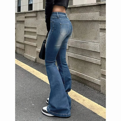 Women’s High Waist Flared Denim Bottom – Stretchy Bootcut Jeans with Bell Hem, Solid Color Casual Trousers