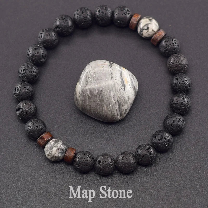 Men’s Tiger Eye & Lava Stone Bead Bracelet – Tibetan Buddha Elastic Wristband Jewelry