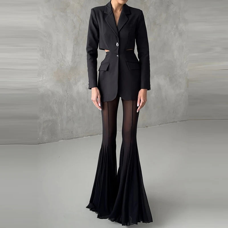 Women’s High Waist Flared Pants – Elegant Slim Fit Patchwork Transparent Bottoms