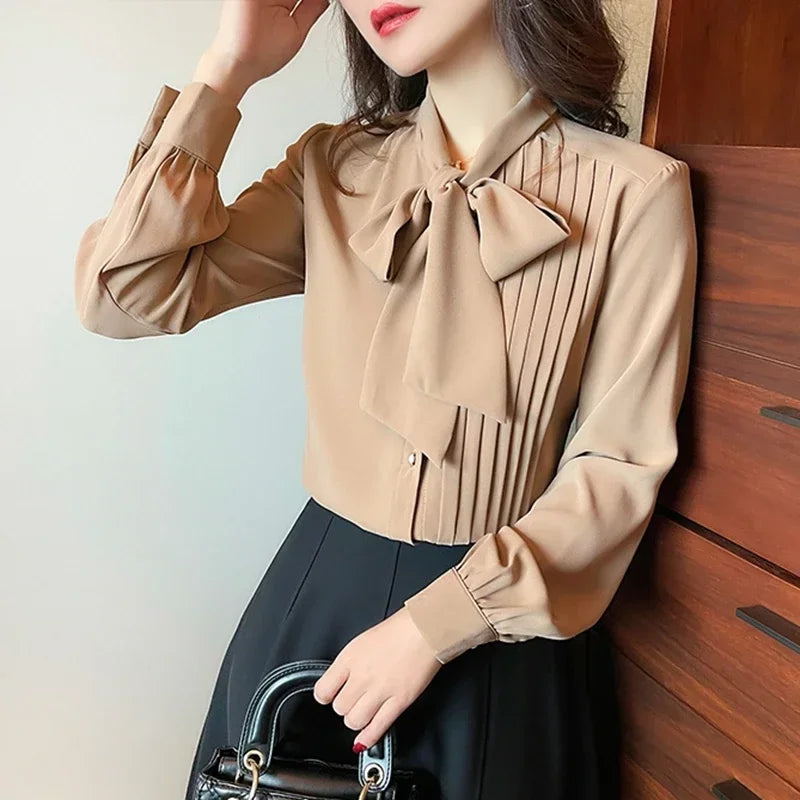 Women’s Elegant Bow Neck Chiffon Shirt Top | Long Sleeve Korean Office Blouse Y2K Workwear