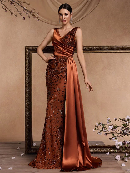 Women’s Sequin Mermaid Evening Maxi Dress – Elegant V-Neck Sleeveless Formal Gown
