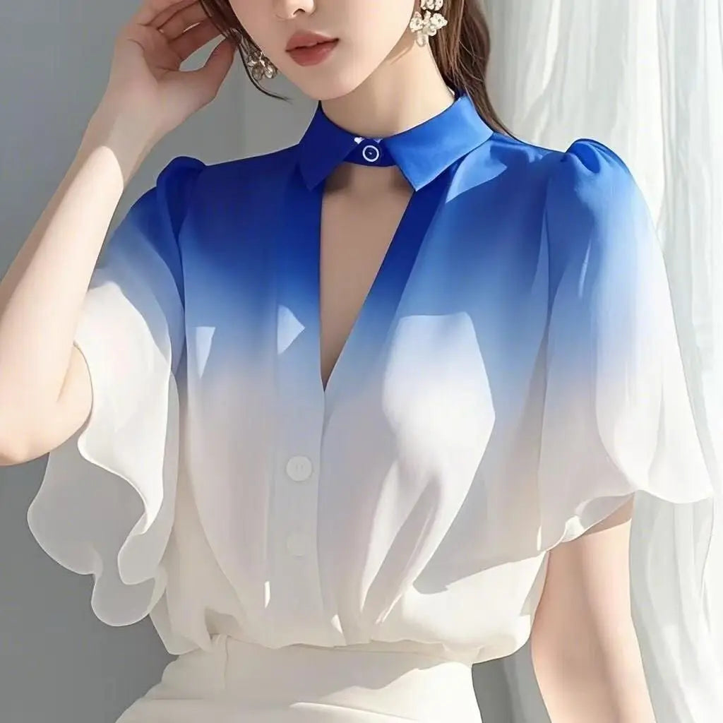 Women’s Gradient Chiffon Top | Loose Summer Blouse | Elegant Lightweight Fashion Shirt