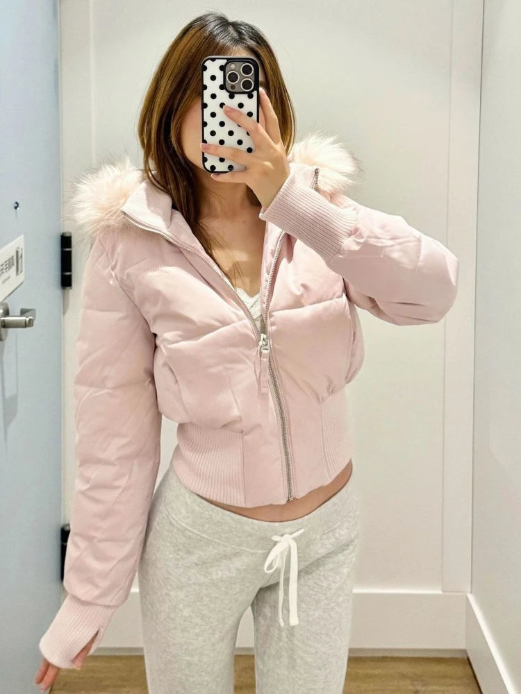 Women’s Padded Puffer Outerwear – Short Vintage Fur Collar Jacket