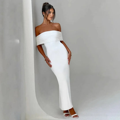 Women’s Off-Shoulder Backless Dress – Elegant Pleated High Slit Evening Party Dress