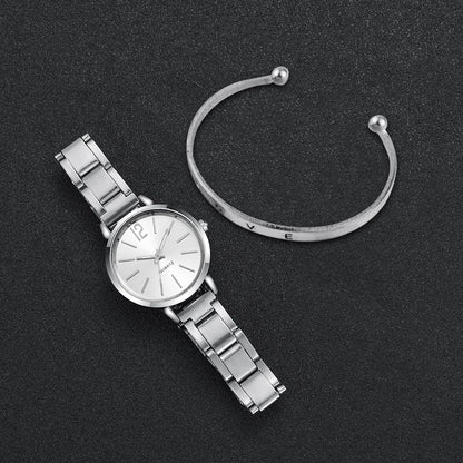 Women’s Elegant Steel Strap Watch & Love Bracelet Jewelry Set – 2PCS Collection