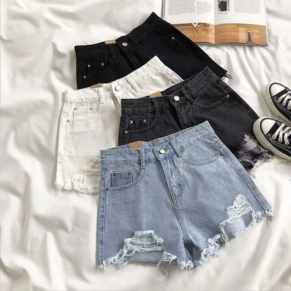 Women’s High Waist Denim Shorts Bottom – Korean Y2K Ripped Jeans Shorts with Pockets & Tassels Summer Streetwear