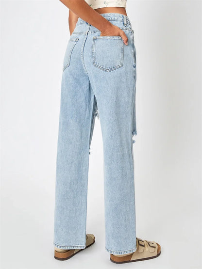 Women’s Ripped Denim Bottom – High Waist Distressed Hole Jeans, Vintage Straight Ankle-Length Pants
