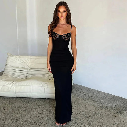 Women’s Lace Trim Backless Maxi Dress – Sexy Sleeveless Split Bodycon Y2K Party & Birthday Outfit