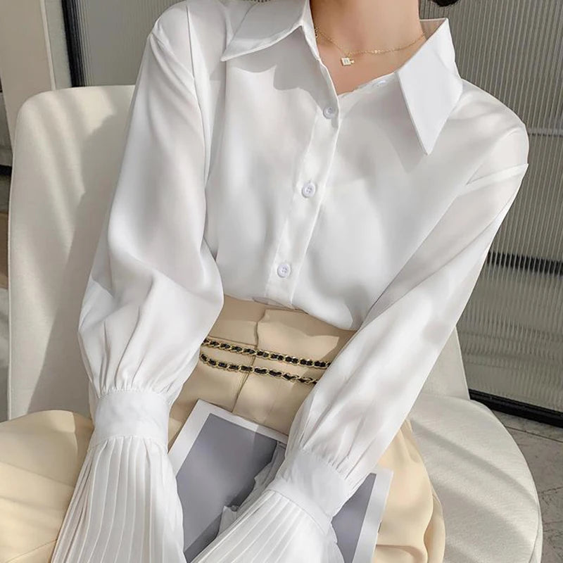Women’s Flare Sleeve Button-Up Shirt Top – Elegant Office Blouse Fall Fashion