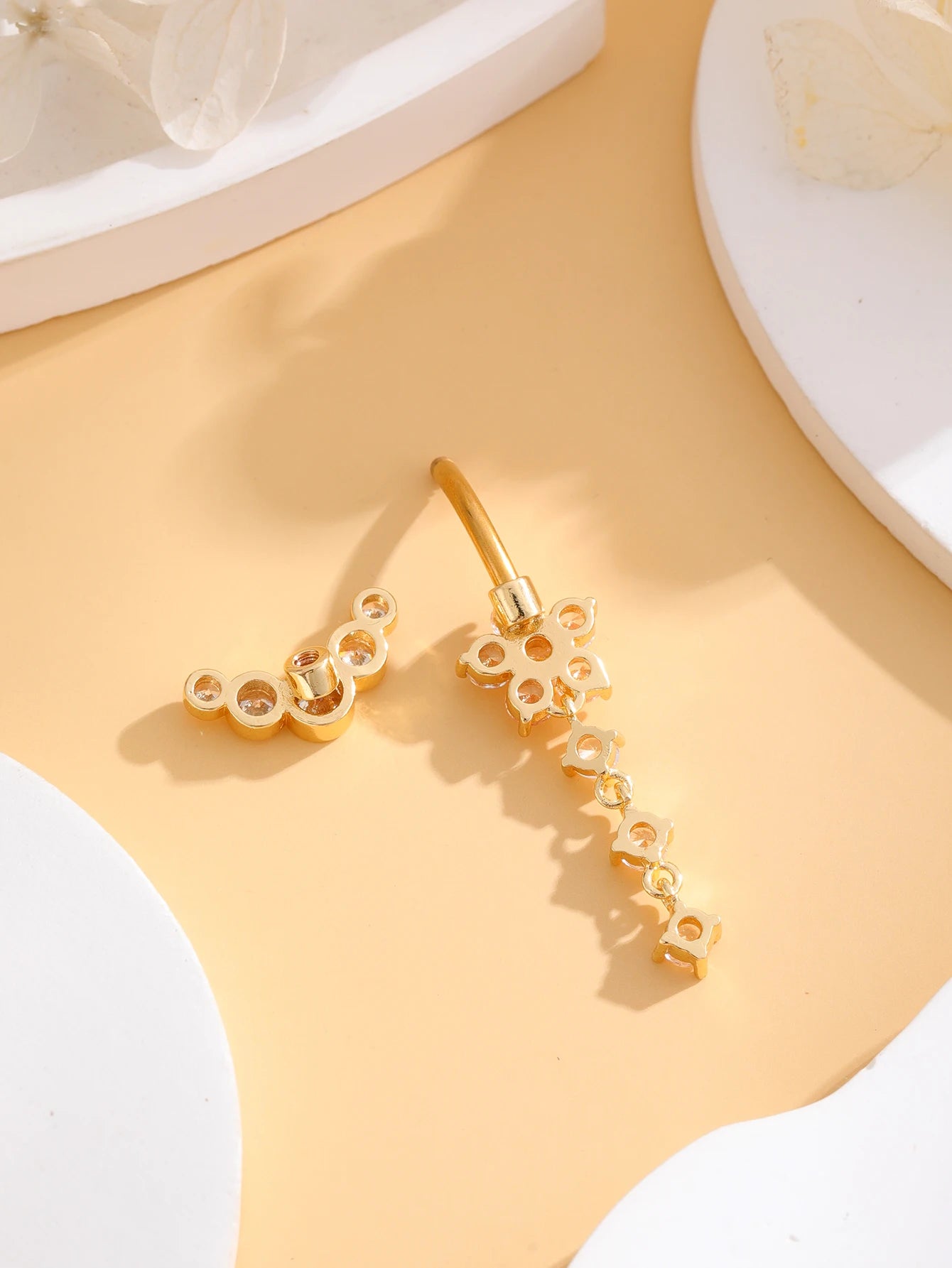 Women’s Gold Stainless Steel Belly Button – Long Dangle Flower CZ Crystal Navel Piercing Jewelry