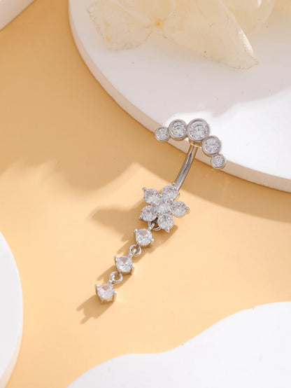 Women’s Gold Stainless Steel Belly Button – Long Dangle Flower CZ Crystal Navel Piercing Jewelry
