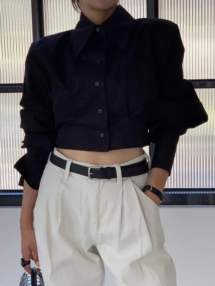 Women’s Korean Cropped White Shirt Top | Lace-Up Back Vintage Blouse | Elegant Hollow Out Long Sleeve Spring Top