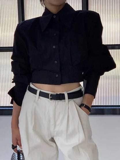 Women’s Korean Cropped White Shirt Top | Lace-Up Back Vintage Blouse | Elegant Hollow Out Long Sleeve Spring Top