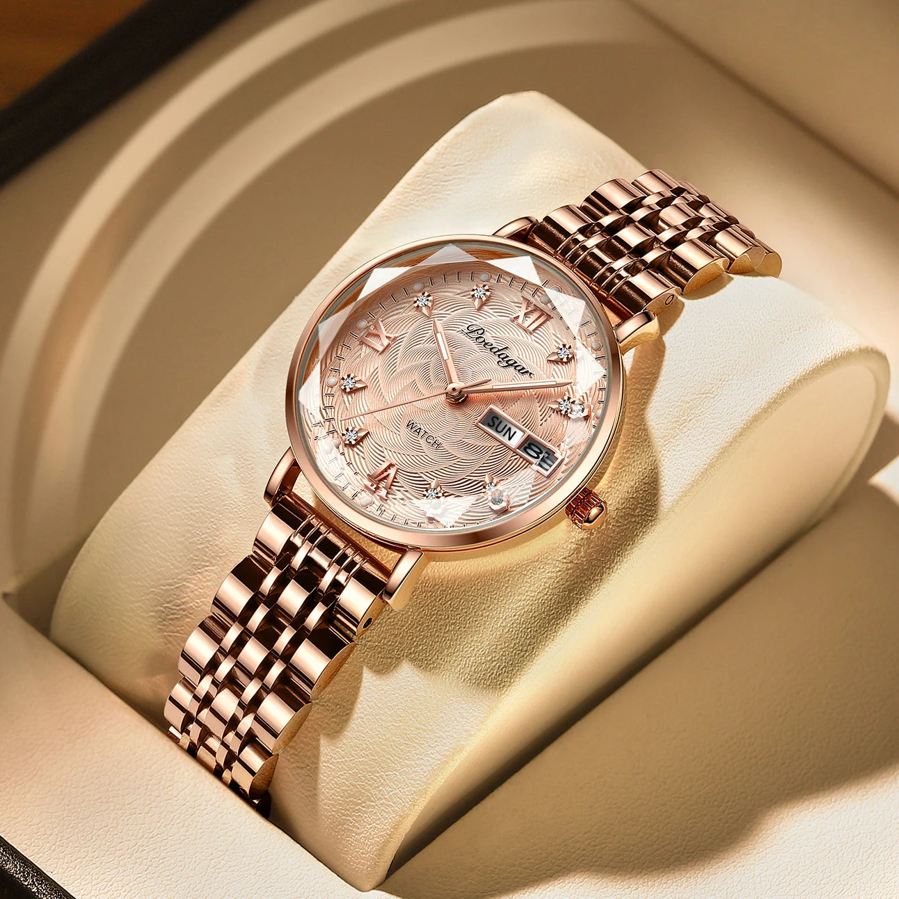Women’s Luxury Stainless Steel Watch | Waterproof Luminous Quartz Wristwatch with Date & Week Display