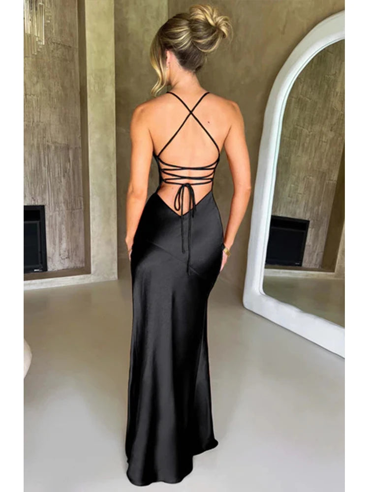 Women’s Satin Spaghetti Strap Dress – Elegant Backless Lace-Up Split Hem Long Party Maxi Dress